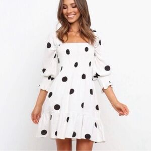 petal + pup Kerferd Polka Dot Dress Smocked Linen Blend White Black Dots 10